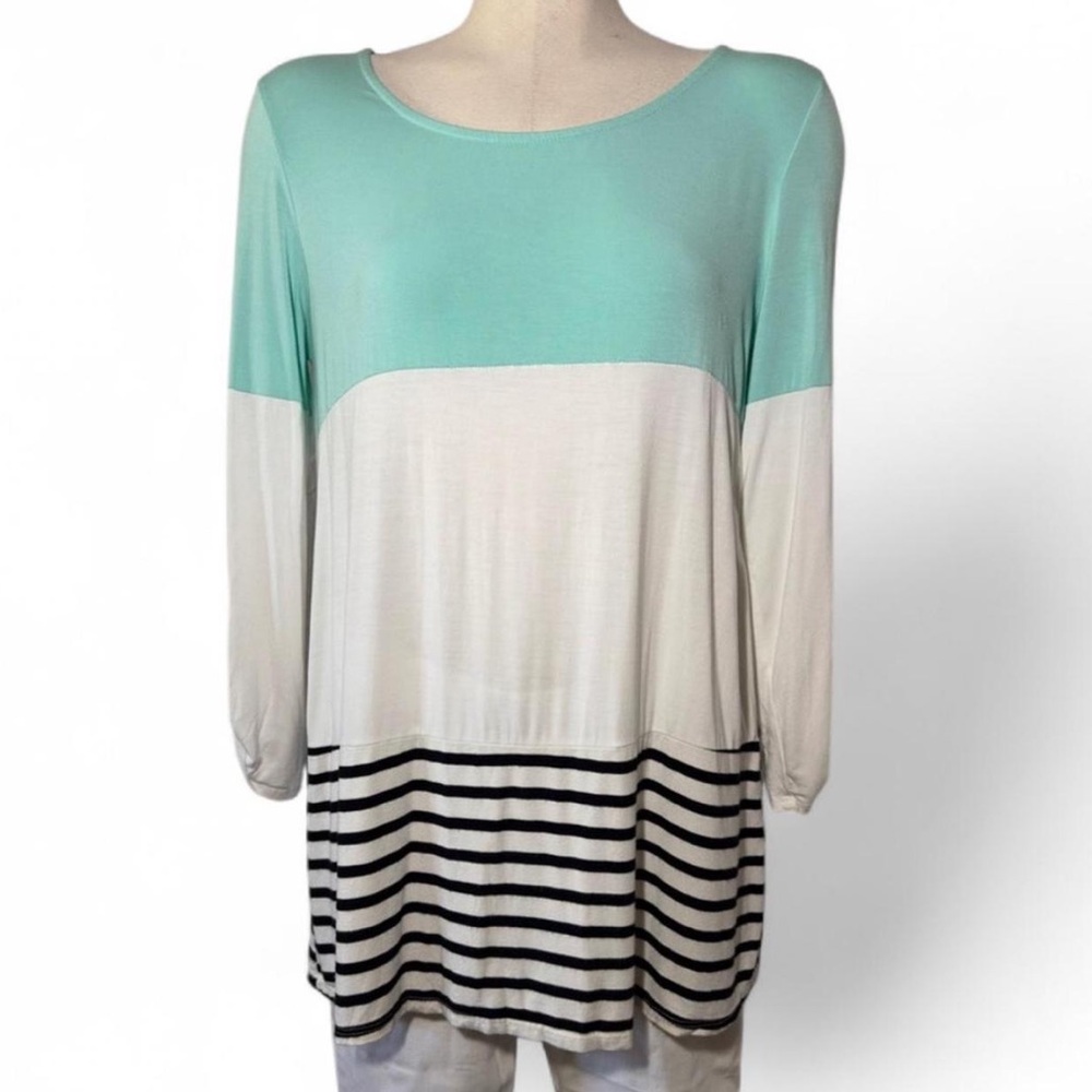 Vanilla Bay Colorblock Tunic Top Mint Green White Striped Back Button Detail  M